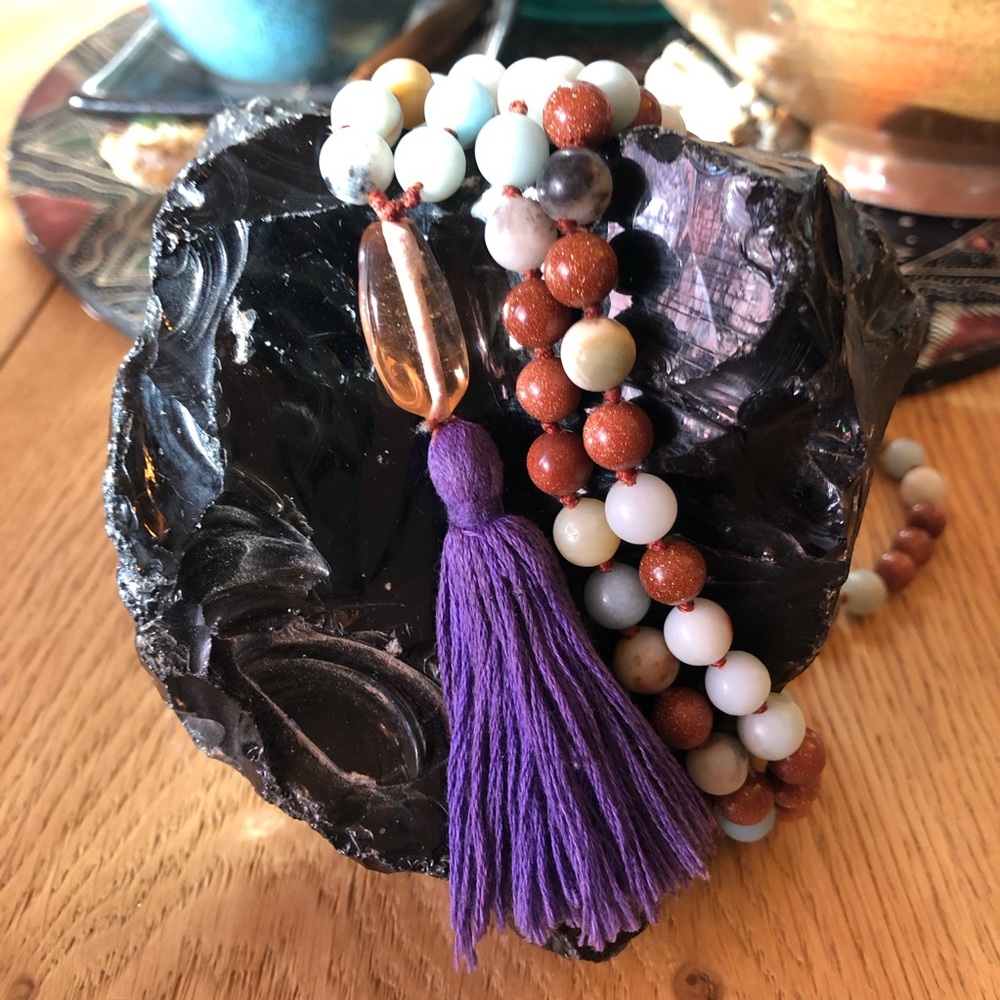 Genuine Amazonite and Goldstone Mala